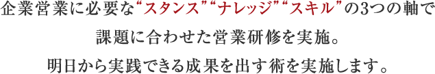 企業営業に必要な“スタンス”“ナレッジ”“スキル”の3つの軸で課題に合わせた営業研修を実施。明日から実践できる成果を出す術を実施します。