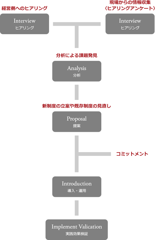 経営側へのヒアリング・Interview・ヒアリング + 現場からの情報収集・〈ヒアリングアンケート〉・Interview・ヒアリング→分析による課題発見・Analysis・分析→新制度の立案や既存制度の見直し・Proposal・提案 * コミットメント→Introduction・導入・運用→Implement Valication・実践効果検証